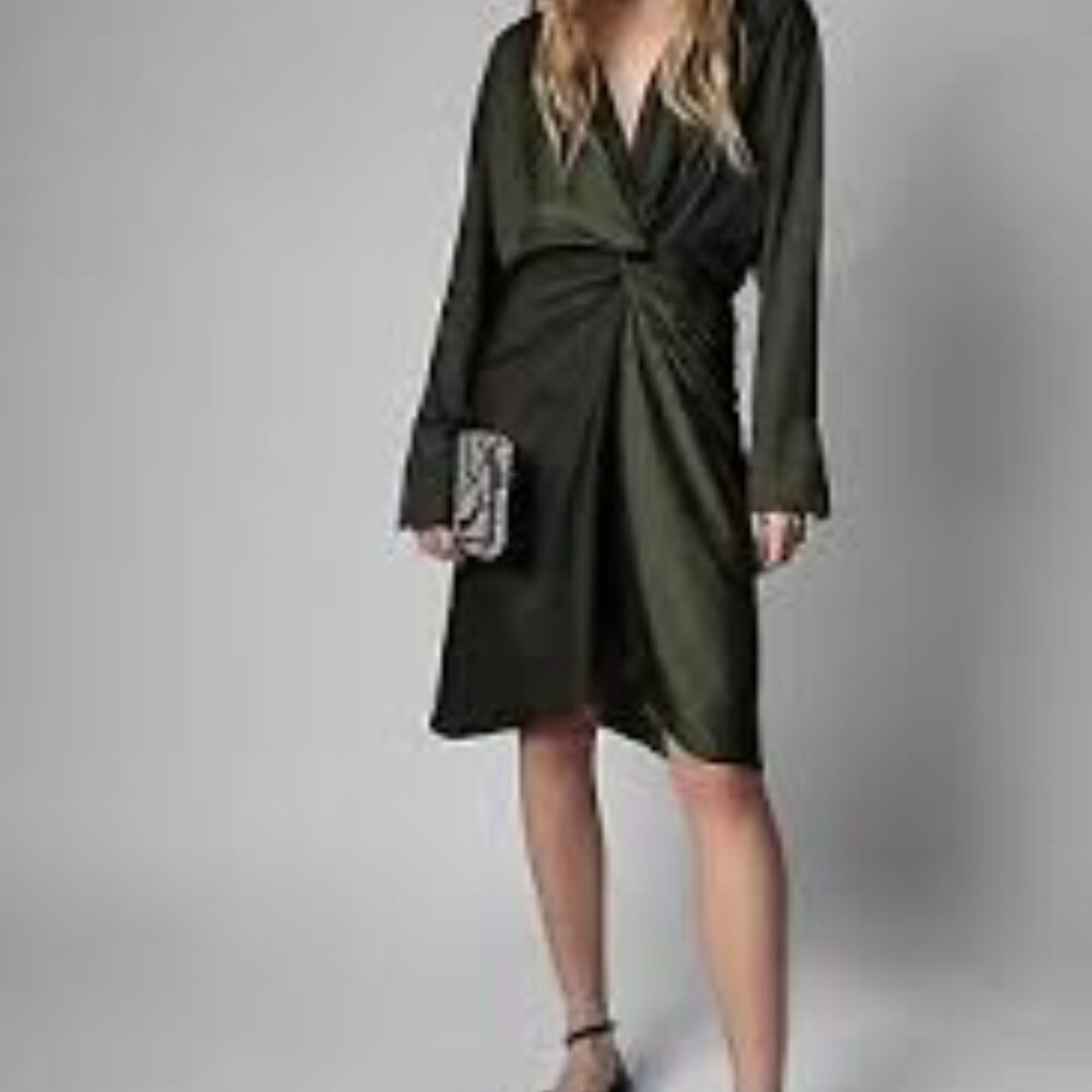 NWT Zadig & Voltaire Gathered Long Sleeve Satin Dress - Khaki L